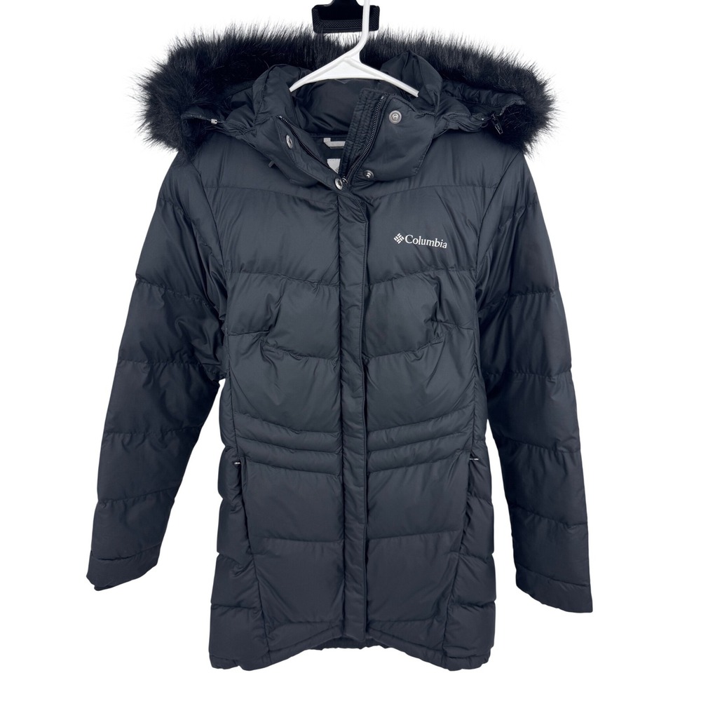 Columbia Womens Black Quilted Puffer Jacket Faux Fur Trim Hood XS Winter Coat